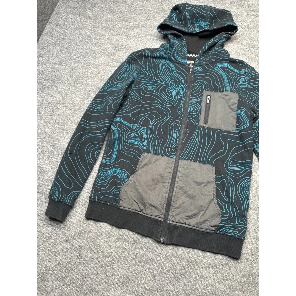 Mossimo Boys XL 16 Full Zip Hoodie Black Teal Topo Map Graphic Utility Pocket‎